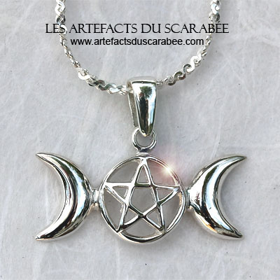 Pendentif Triple Lune + Pentagramme (Protection Déesse) Arg925